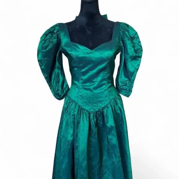 80s Emerald Green Taffeta Dress – Whimsygoth Puff Sleeve Midi S - Picture 3 of 8